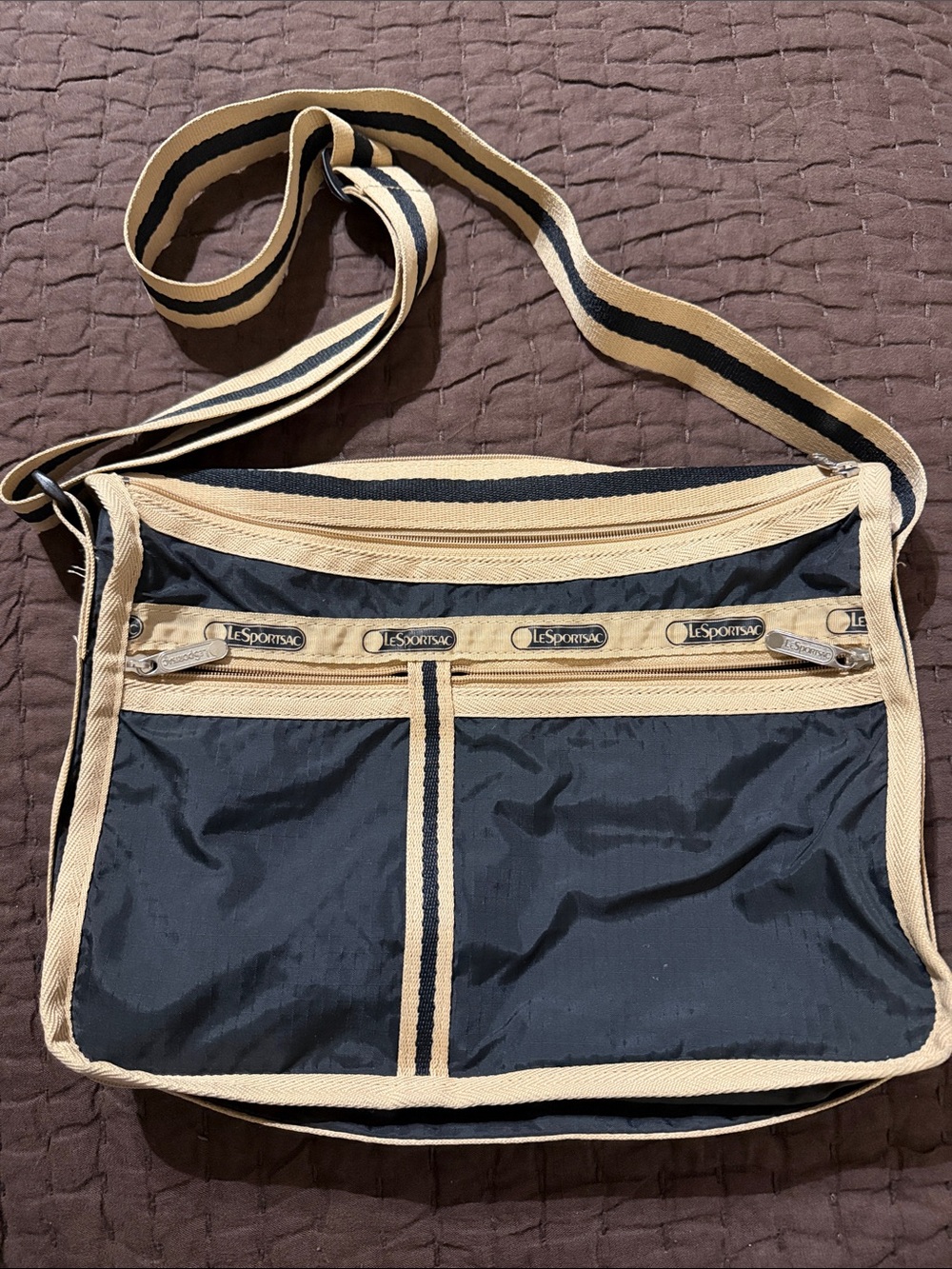 LeSportsac Black and Tan Nylon Messenger Crossbody Bag